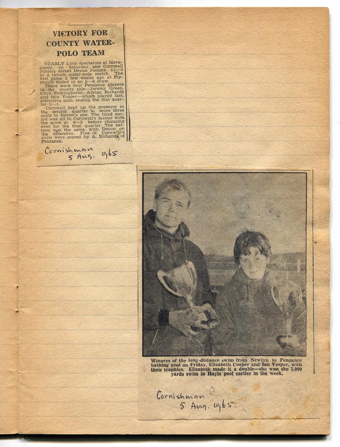 Newspaper cutting, water polo and long distance swim