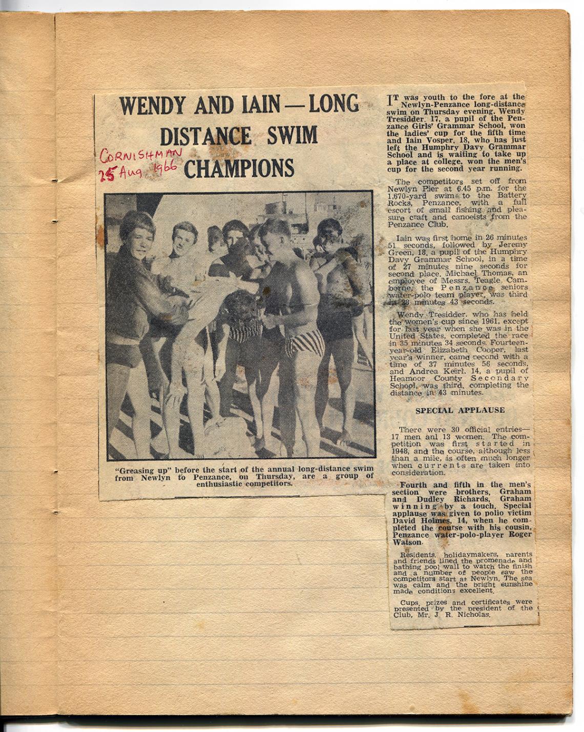 Newspaper cutting, long distance swim champions Wendy and Iain