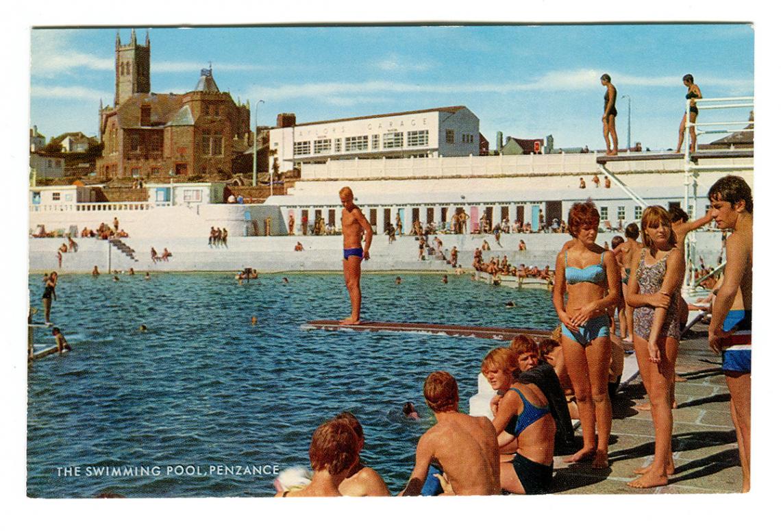 Postcard of the pool featuring diving boards