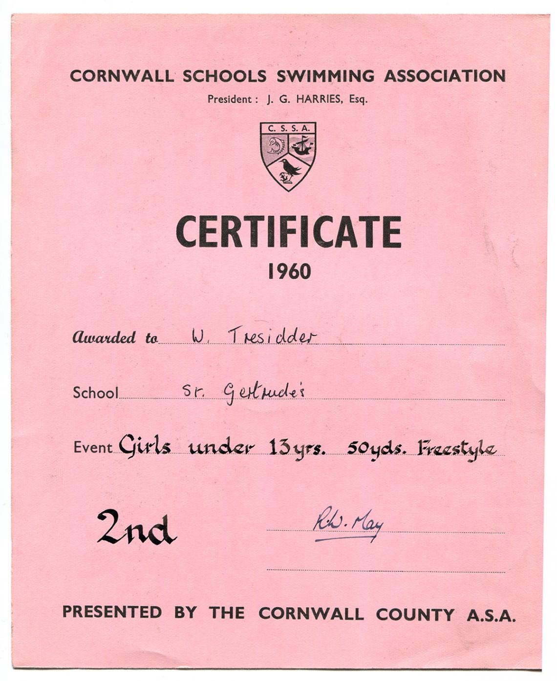Cornwall Schools Swimming Association certificate