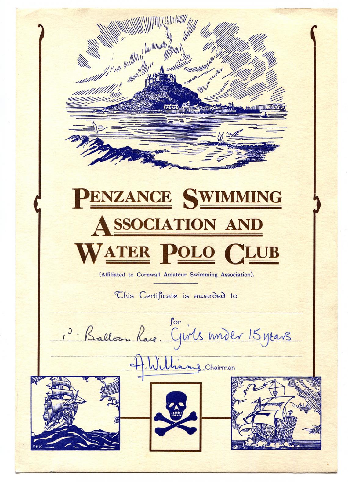 Penzance swimming association and water polo club certificate