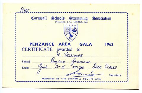 Cornwall Schools Swimming Association certificate